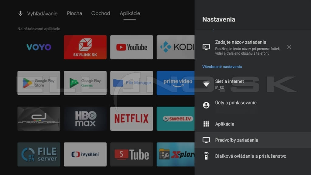 Android TV menu Nastavenia s položkou Predvoľby zariadenia