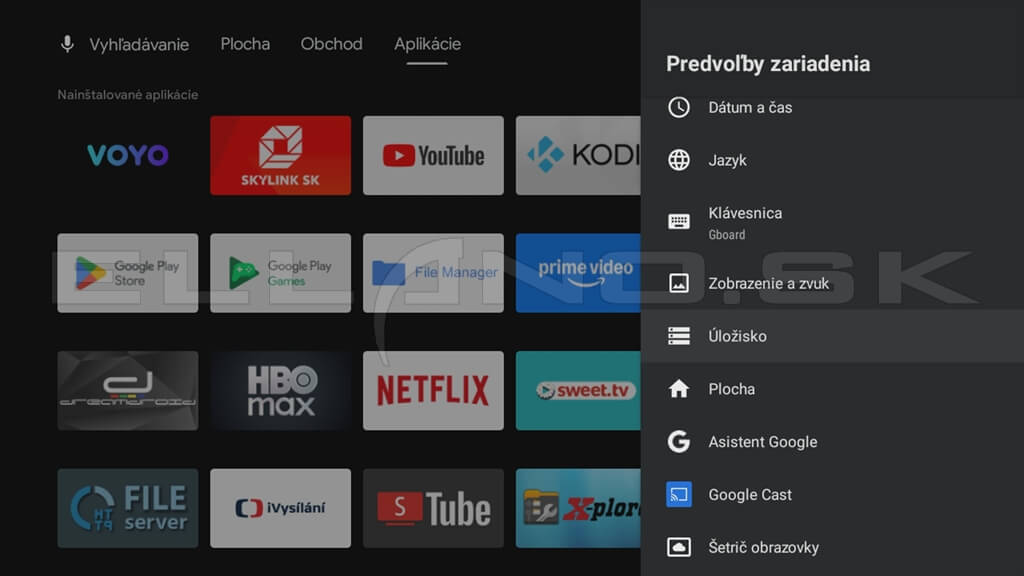 Android TV Predvoľby zariadenia s položkou Úložisko