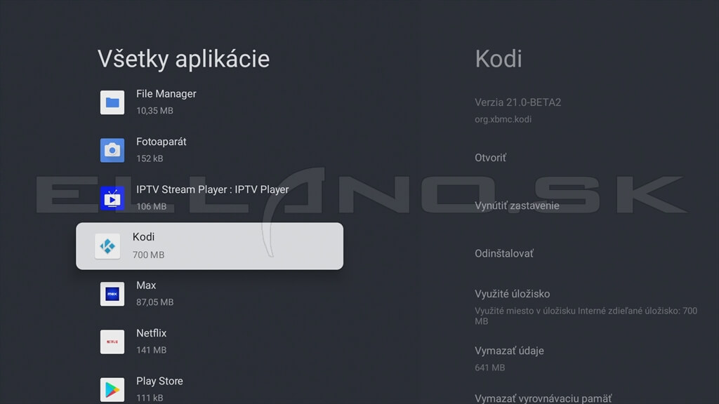 Google TV zoznam aplikácií a detail aplikácie Kodi