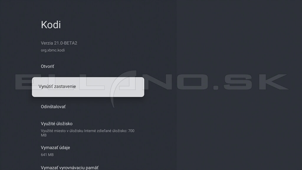 Google TV detail aplikácie Kodi s možnosťou Vynútiť zastavenie
