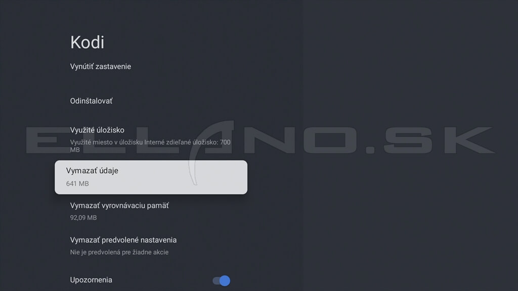 Google TV detail aplikácie Kodi s možnosťou Vymazať údaje