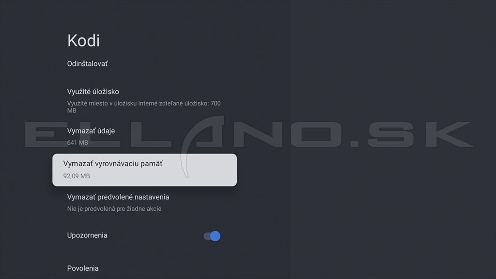 Google TV detail aplikácie Kodi s možnosťou Vymazať vyrovnávaciu pamäť
