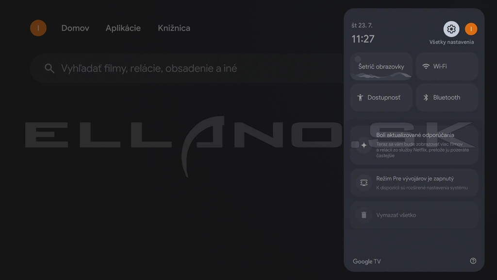 Google TV panel rýchlych nastavení s ikonou všetkých nastavení