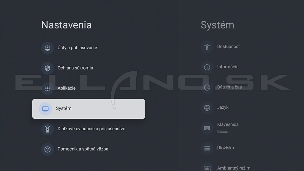 Google TV Nastavenia s označenou položkou Systém
