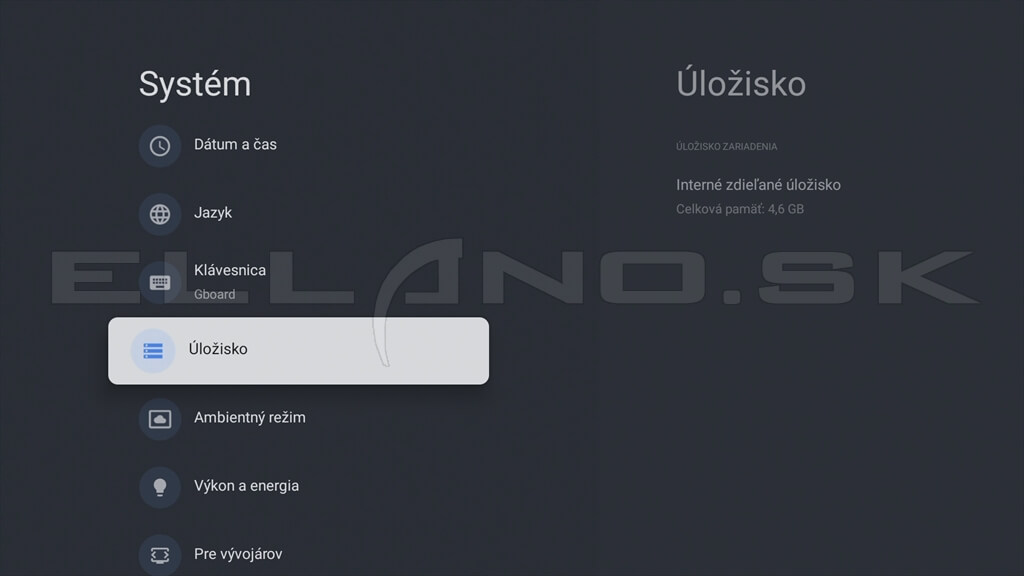 Google TV systémové nastavenia s označenou položkou Úložisko
