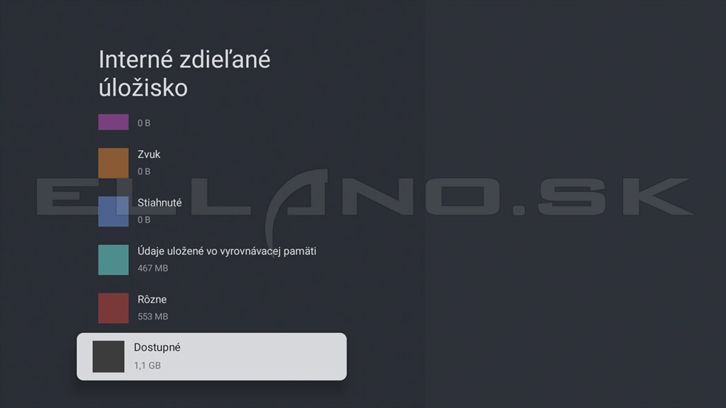 Google TV prehľad voľného miesta v internom úložisku