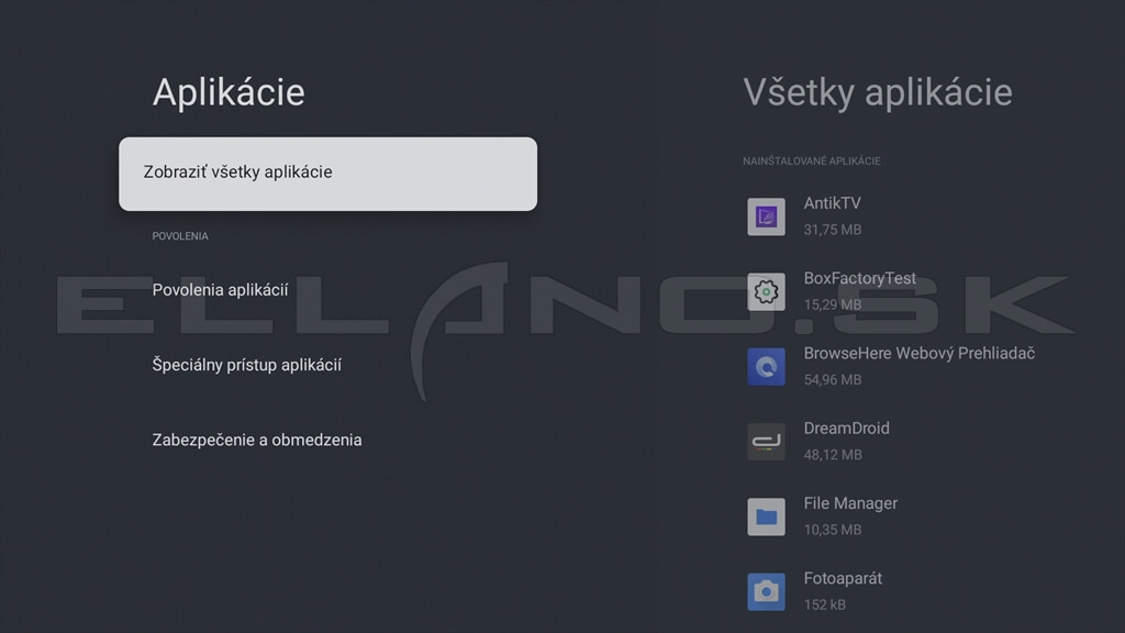 Google TV menu Aplikácie s možnosťou zobraziť všetky aplikácie