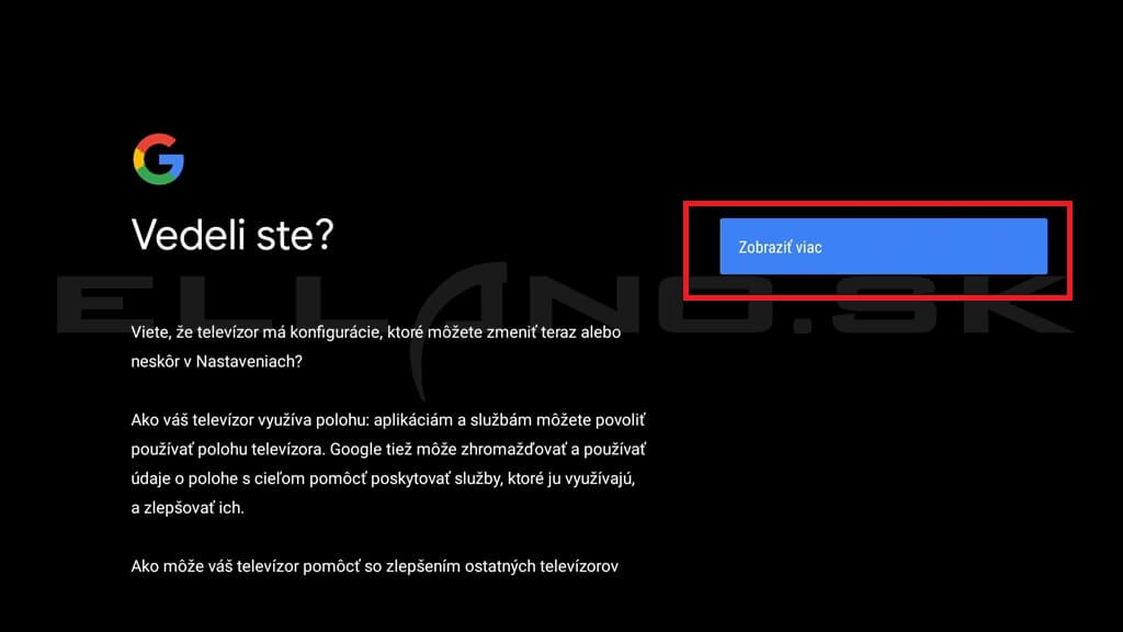 Potvrdenie podmienok a pokračovanie v úvodnom nastavení Android TV