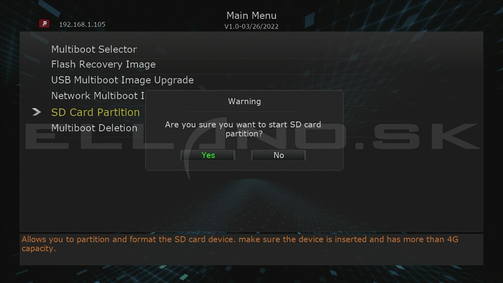 Potvrdenie formátovania microSD karty pre multiboot Enigma2