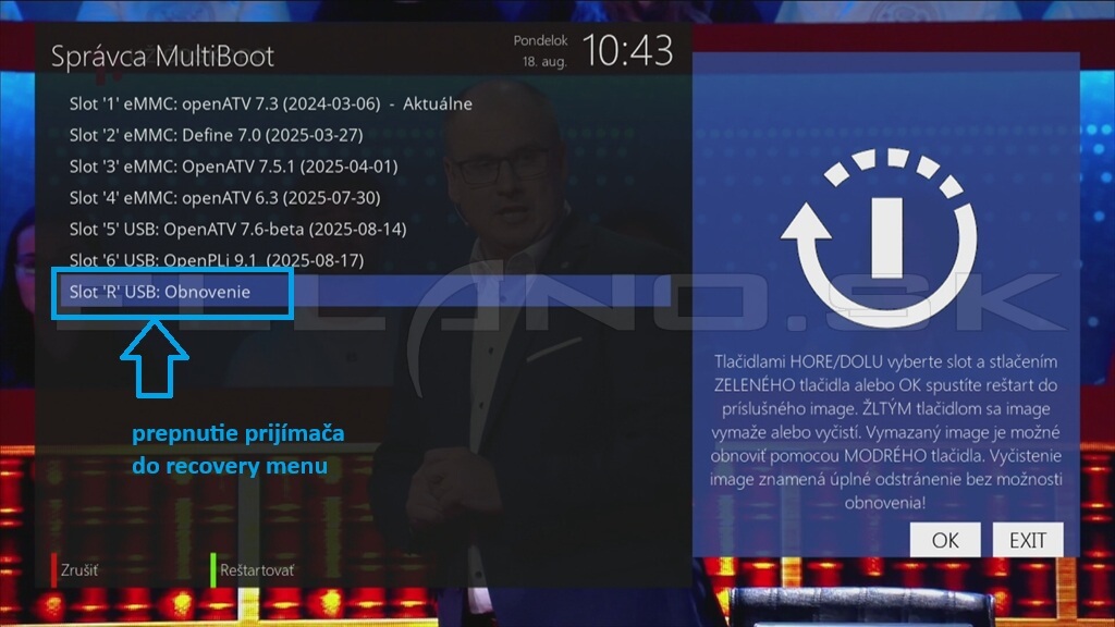 Výber slotu R v správcovi multibootu na prechod do Recovery menu
