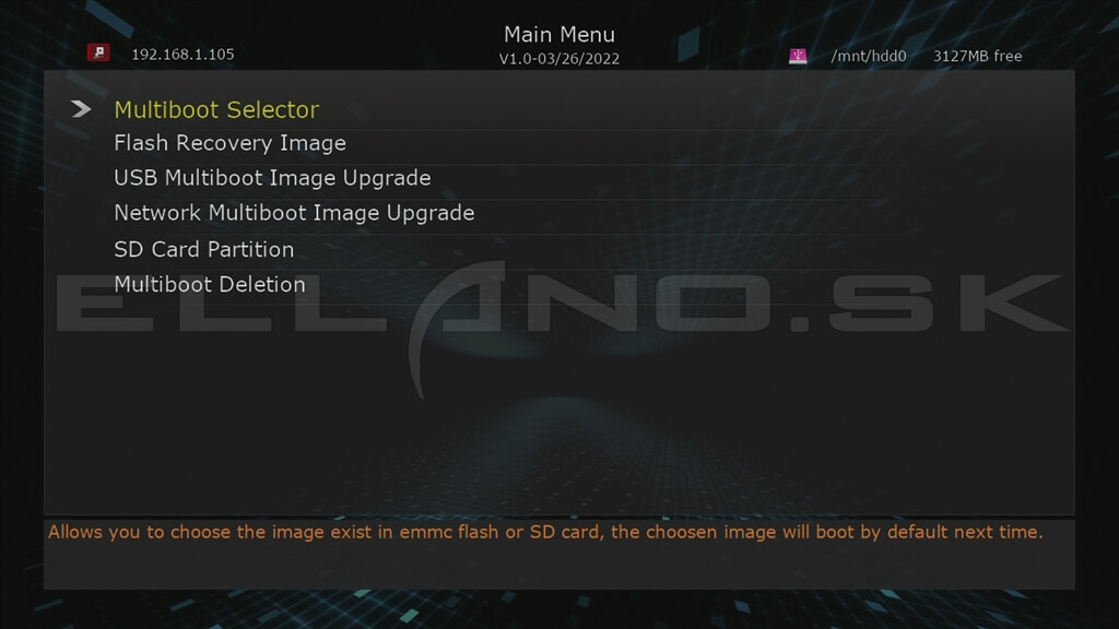 Recovery menu s dostupnými multiboot slotmi prijímača