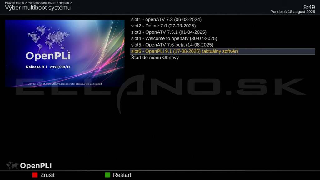 Spustenie image OpenPLI v slote 6 z multiboot správcu Enigma2
