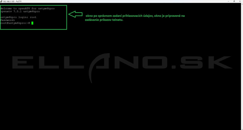 Úspešné Telnet pripojenie k prijímaču Enigma2