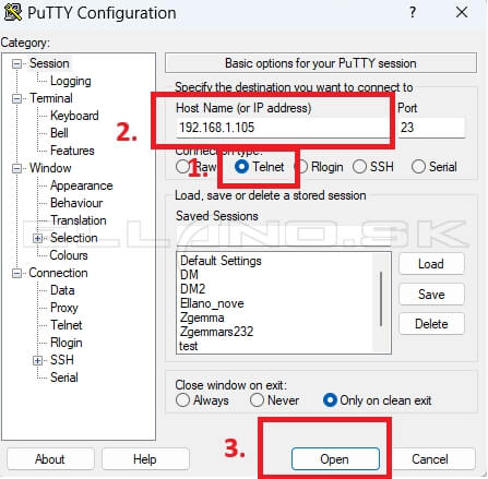 Nastavenie Telnet alebo SSH spojenia v programe PuTTY