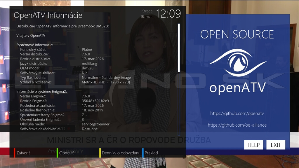 Systémové informácie Enigma2 OpenATV 7.6 Dreambox DM520 / 525 / 520 mini