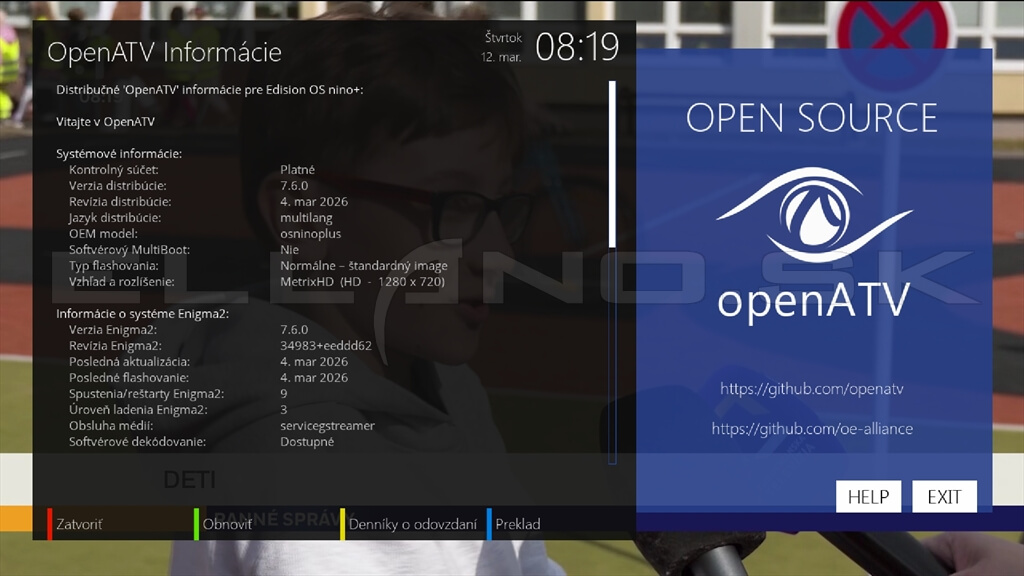 Systémové informácie Enigma2 OpenATV 7.6 Edision OS Nino Plus