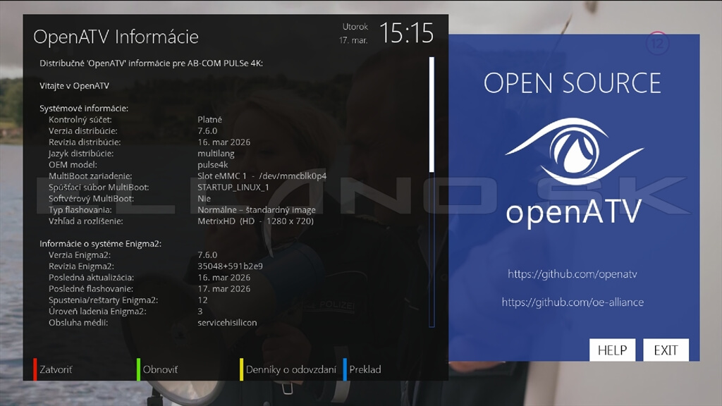 Systémové informácie Enigma2 OpenATV 7.6 AB Pulse 4K