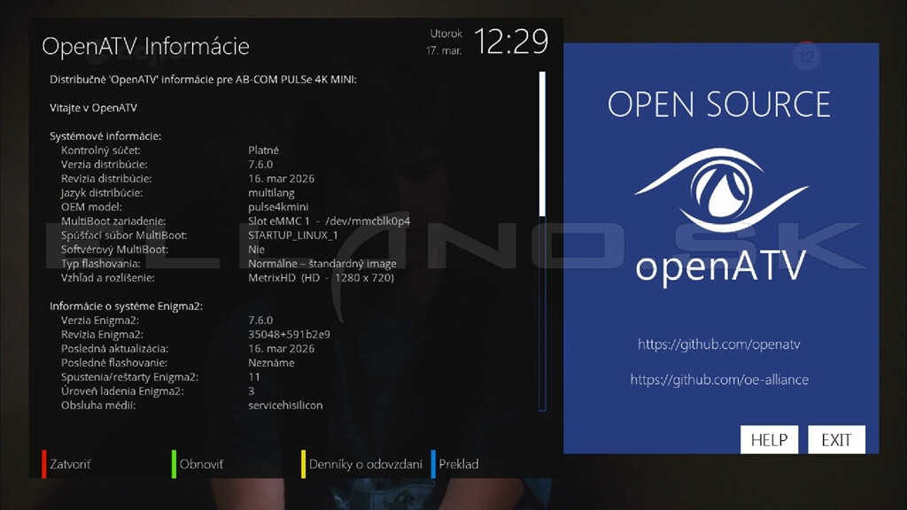 Systémové informácie Enigma2 OpenATV 7.6 AB Pulse 4K Mini