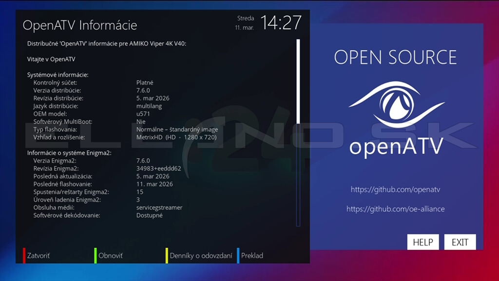 Systémové informácie Enigma2 OpenATV 7.6 v Amiko Viper 4K V40