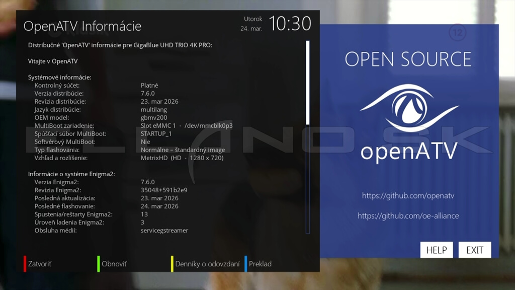 Systémové informácie Enigma2 OpenATV 7.6 Gigablue UHD TRIO 4K PRO