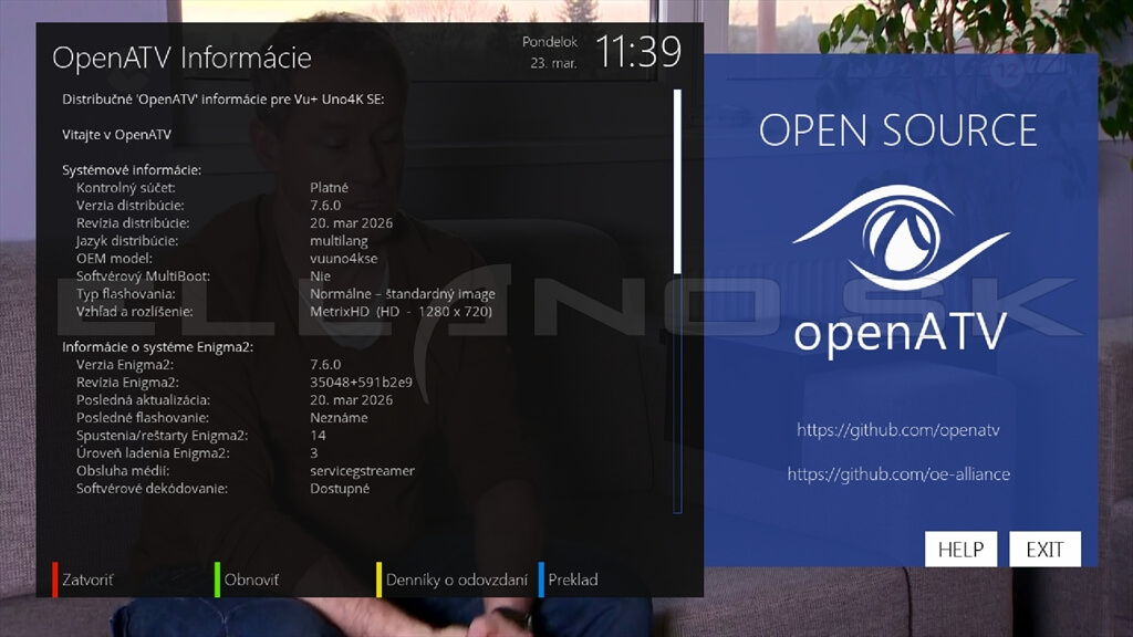 Systémové informácie Enigma2 OpenATV 7.6 VU+ UNO 4K SE