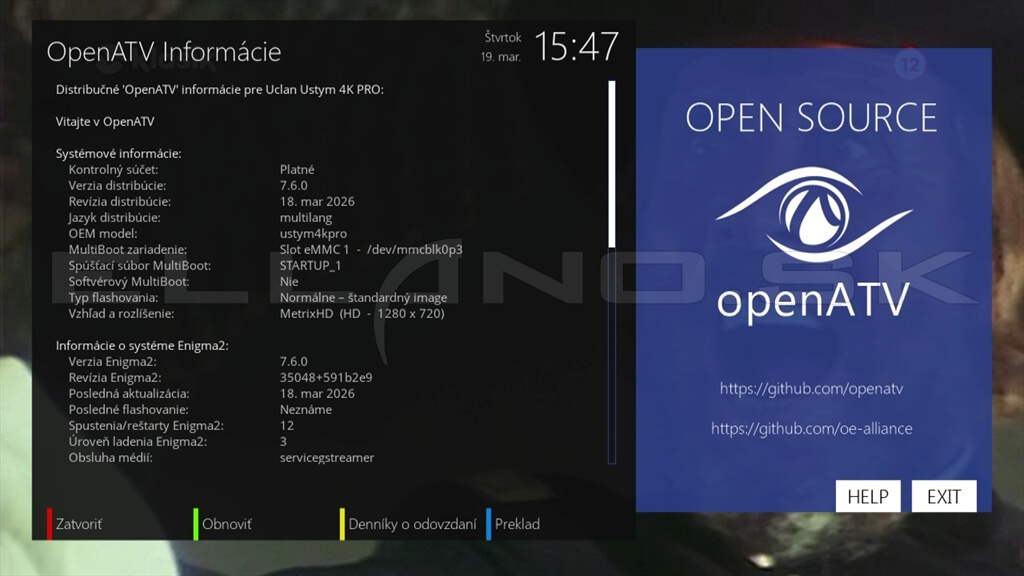 Systémové informácie Enigma2 OpenATV 7.6 uClan USTYM 4K PRO / TWIN S2X