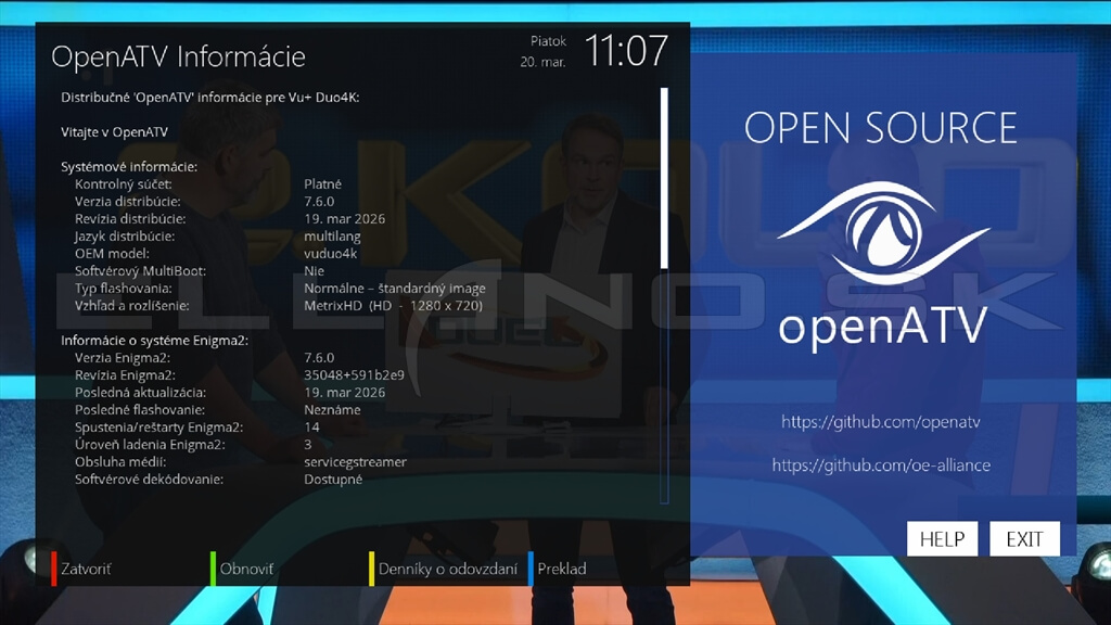 Systémové informácie Enigma2 OpenATV 7.6 VU+ DUO 4K