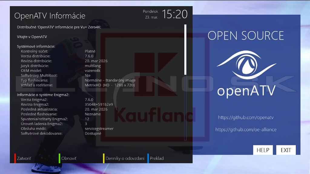 Systémové informácie Enigma2 OpenATV 7.6 VU+ ZERO 4K
