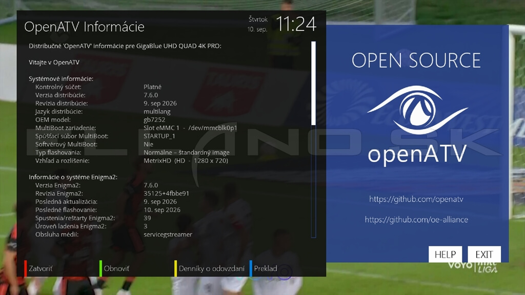 Systémové informácie Enigma2 OpenATV 7.6 Gigablue UHD Quad 4K PRO