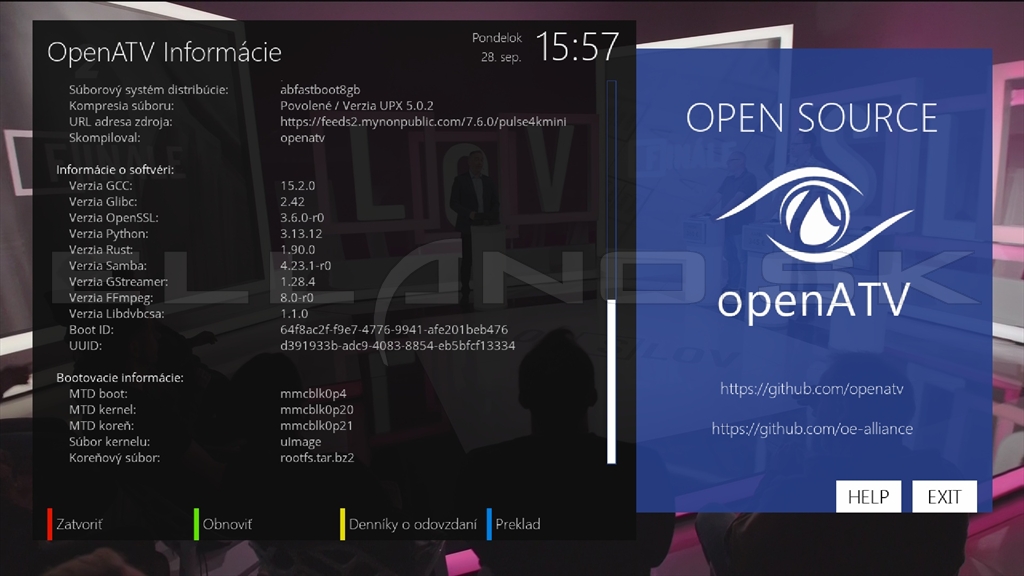 Systémové informácie Enigma2 OpenATV 7.6 v jesenných zálohách Ellano