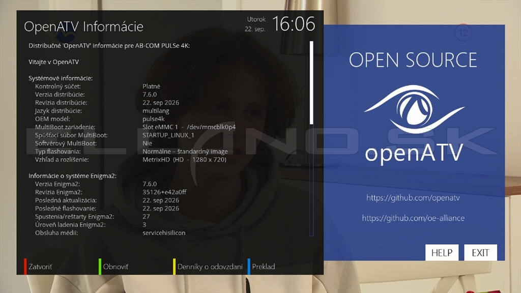 Systémové informácie Enigma2 OpenATV 7.6 AB Pulse 4K