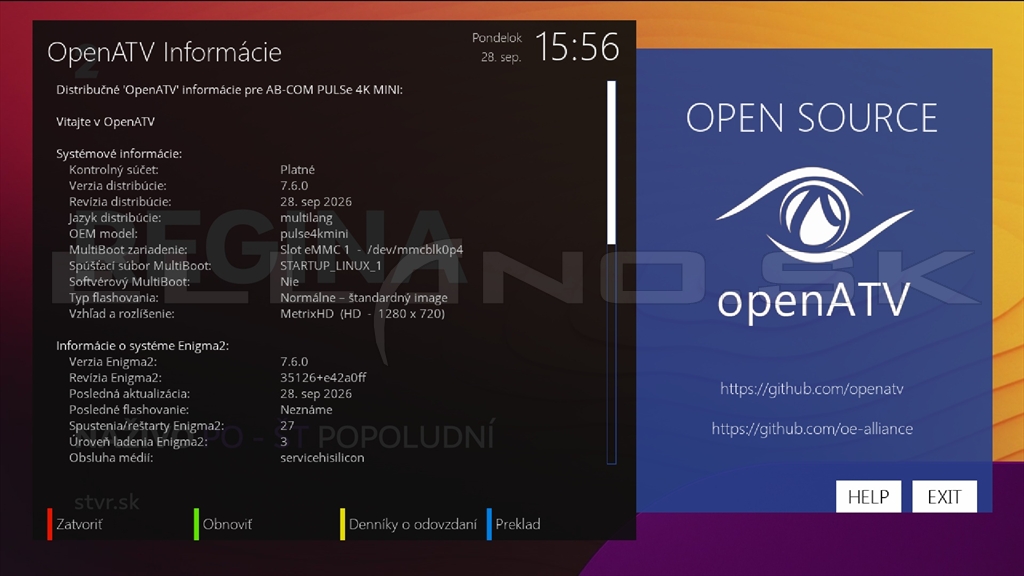 Systémové informácie Enigma2 OpenATV 7.6 AB Pulse 4K mini