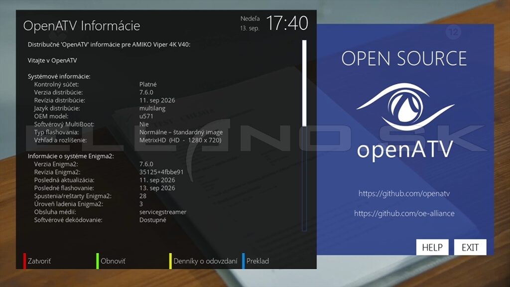 Systémové informácie Enigma2 OpenATV 7.6 Amiko Viper V40