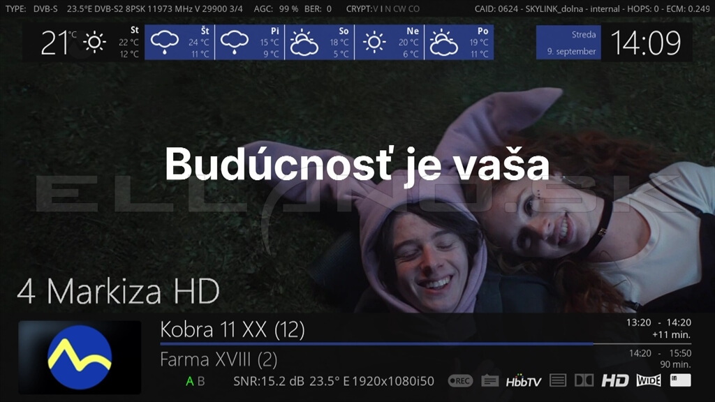 Infobar MyMetrix s počasím a technickými údajmi kanála v Enigma2 OpenATV 7.6
