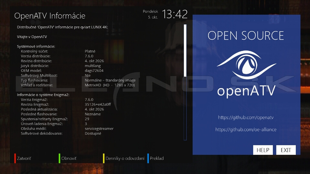 Systémové informácie Enigma2 OpenATV 7.6.0 pre Qviart Lunix 4K