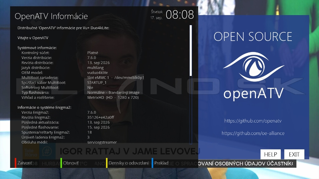 Systémové informácie Enigma2 OpenATV 7.6.0 pre VU+ DUO 4K Lite