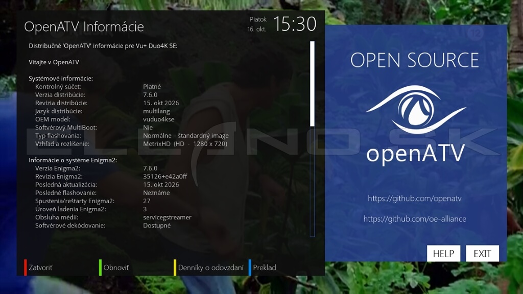 Systémové informácie Enigma2 OpenATV 7.6.0 pre VU+ DUO 4K SE