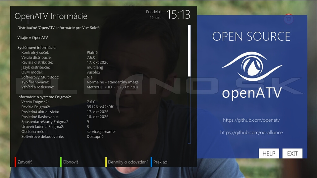Systémové informácie Enigma2 OpenATV 7.6.0 pre VU+ Solo2