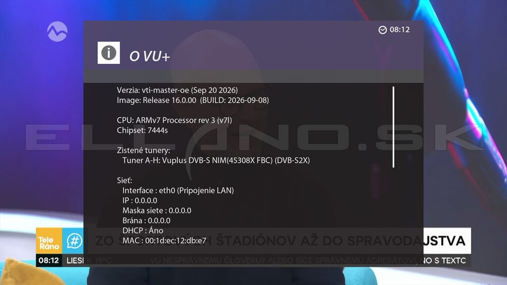Systémové informácie Enigma2 VTi 16.0.00 pre VU+ Ultimo 4K