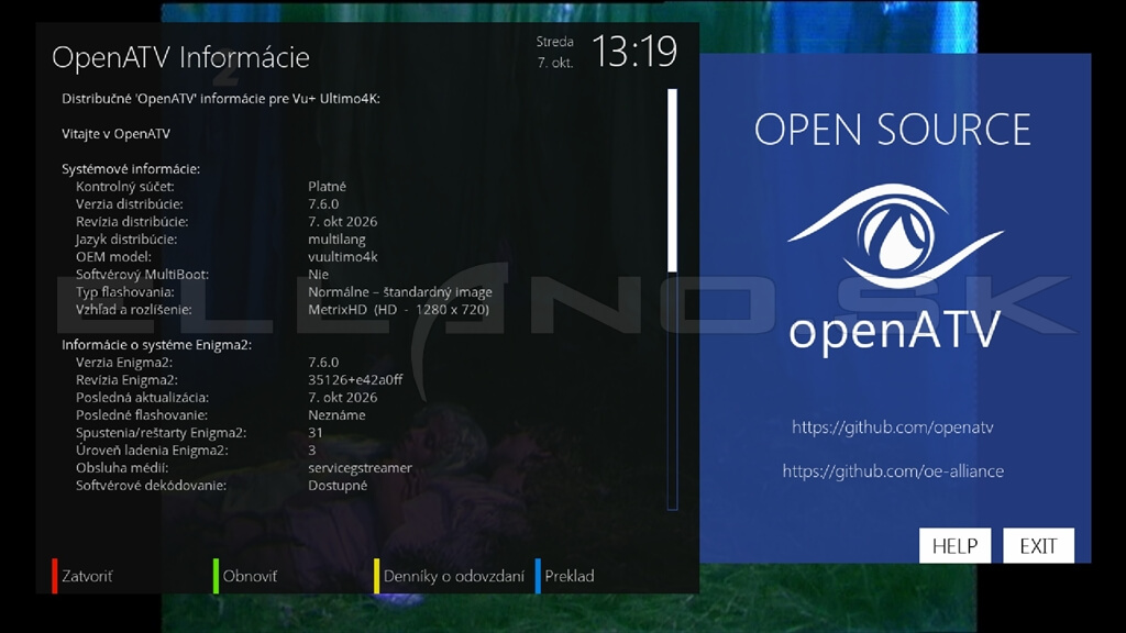 Systémové informácie Enigma2 OpenATV 7.6.0 pre VU+ Ultimo 4K