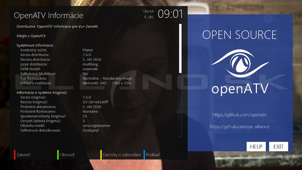 Systémové informácie Enigma2 OpenATV 7.6.0 pre VU+ ZERO 4K